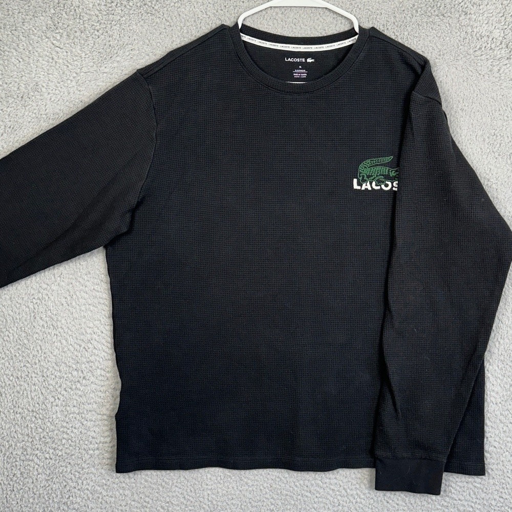 Lacoste Shirt Mens XL Black Thermal Waffle Knit Sleepwear Top Logo Long Sleeve